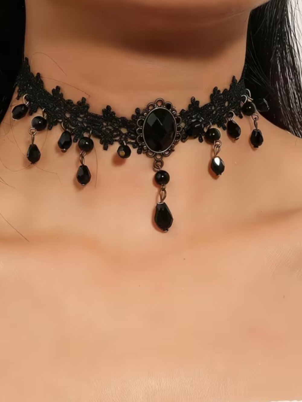 Choker Black Lace Necklace Beaded Tassel Black Cabochon Center Cosplay Boho-Chic